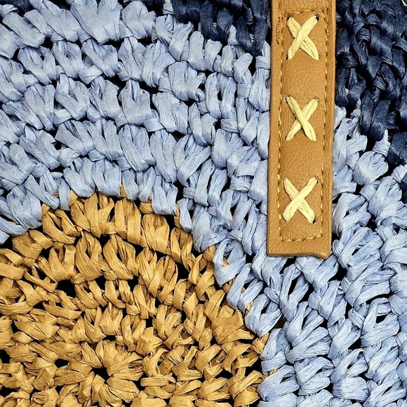 🆕Boho Chic Coastal Style Navy Round Straw Shoulder Bag with Lining & Zip Pocket - Picture 5 of 12